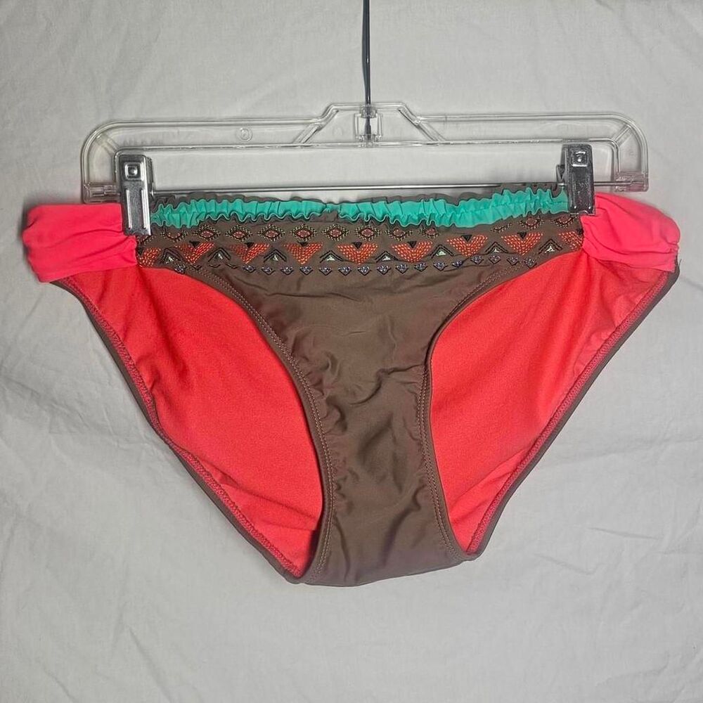 OP coral brown ruffle embroidery trim bikini bottoms